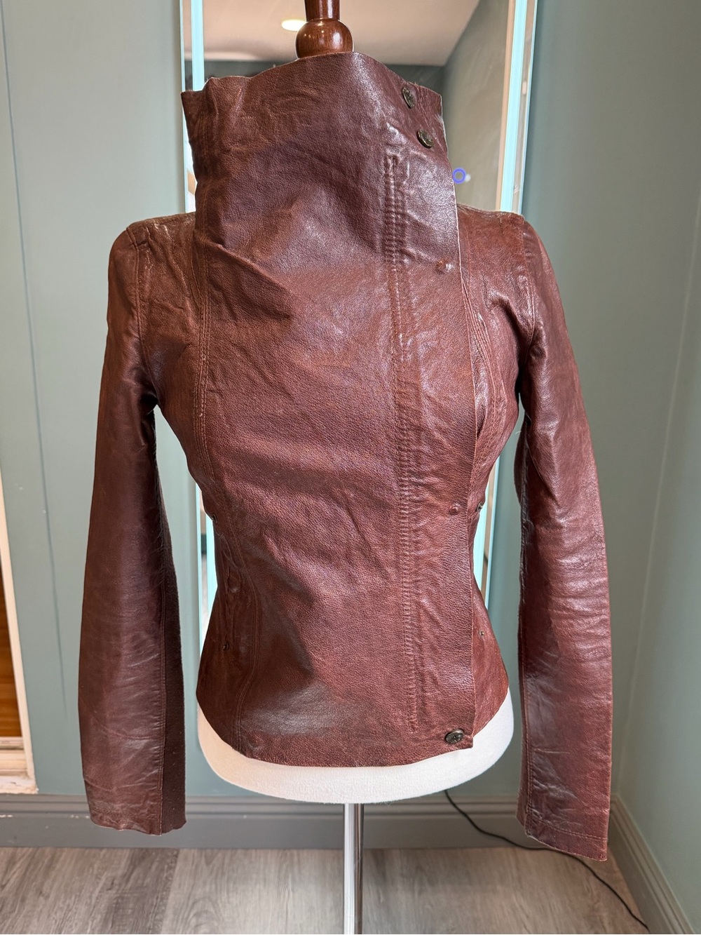 Vintage ONLY Brown Pigskin Leather Moto Jacket XS/S Y2K